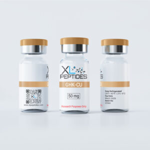 GHK-Cu 50mg peptide vial shown from multiple angles – research use only