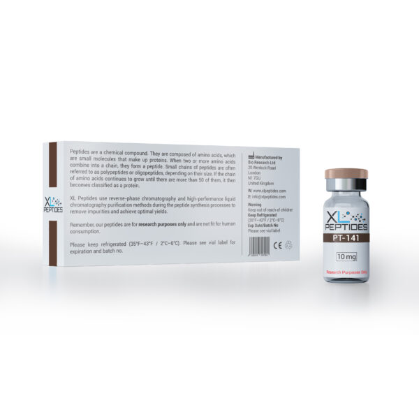 Rear of PT-141 peptide box with product specifications