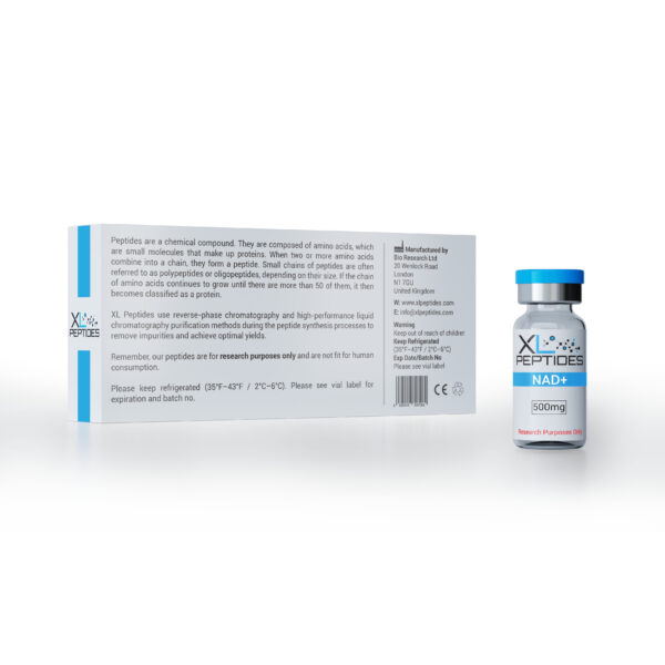 Back of NAD+ peptide box showing product details and label