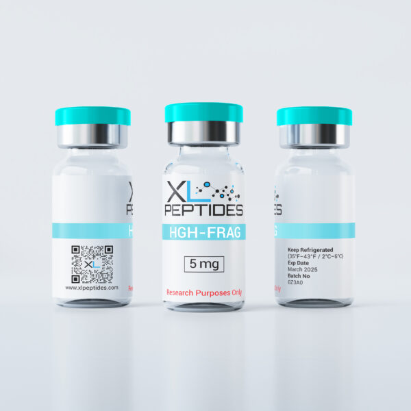 HGH-Frag peptide vial shown from multiple perspectives for research use